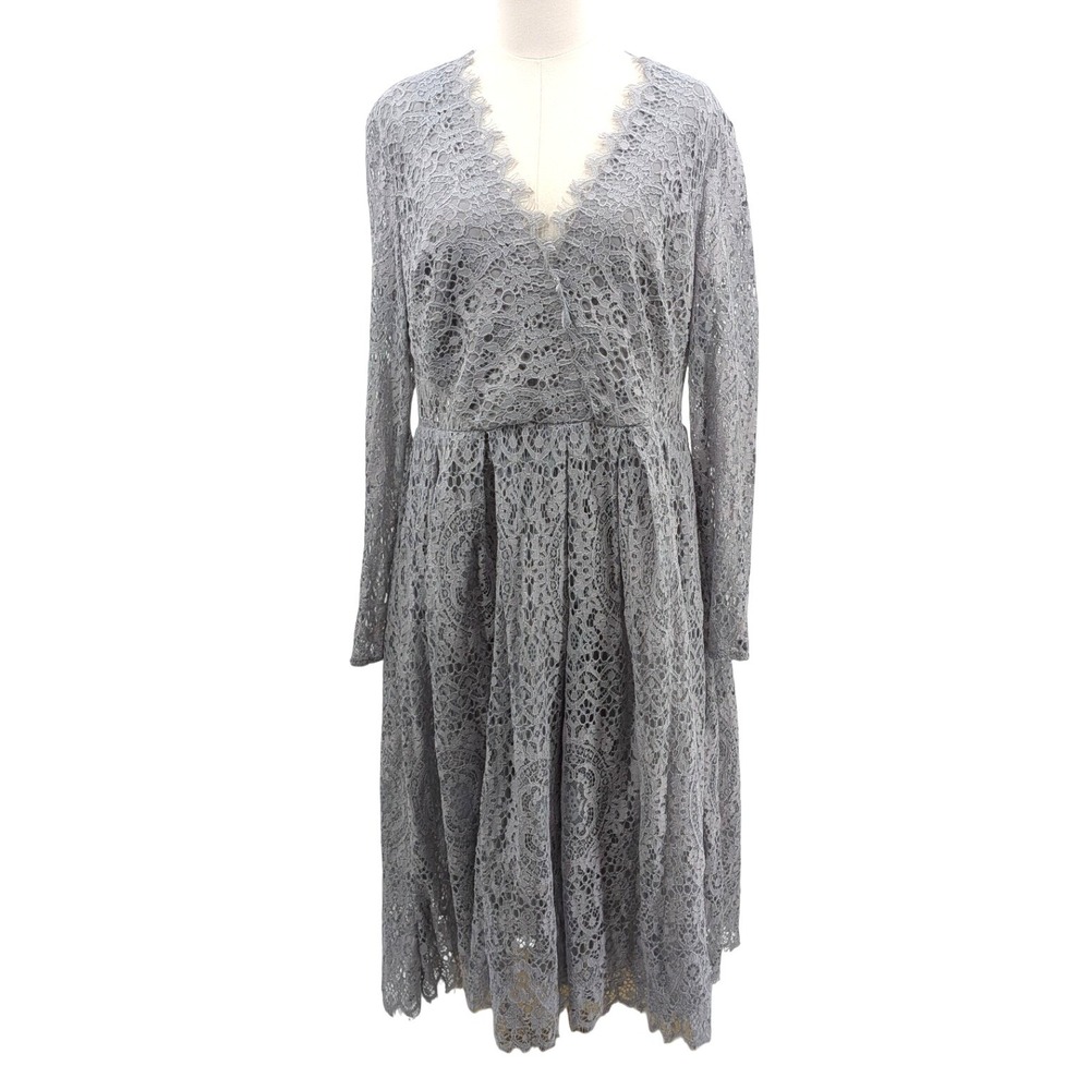 ASOS Lace Midi Dress Gray Full Tulle Skirt Long Sleeve Romantic US 14
